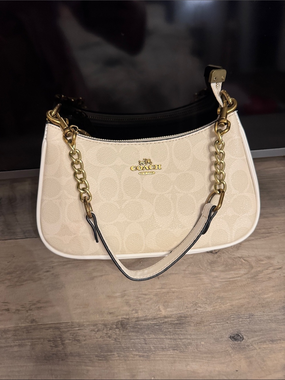 Coach Cream Signature Canvas Shoulder Bag with Gold Chain